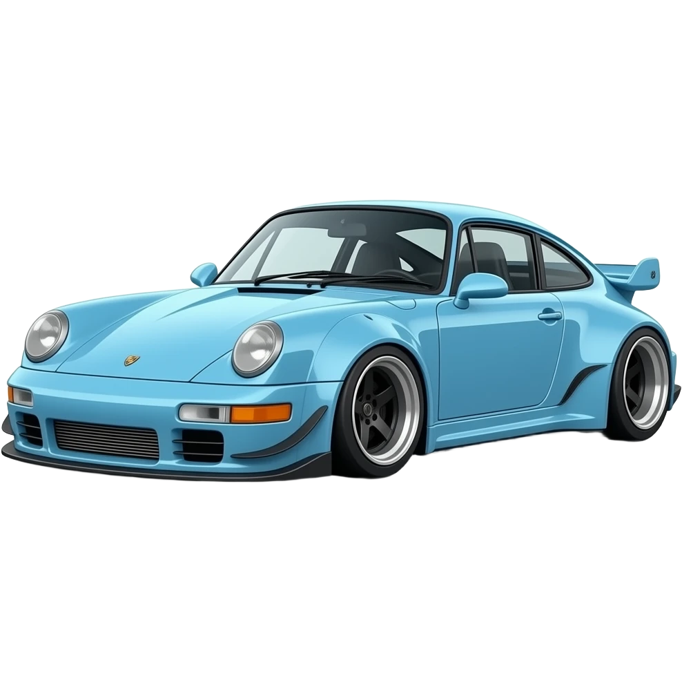 A low porche that is ligt blue and it ha an wide boddy kit emoji