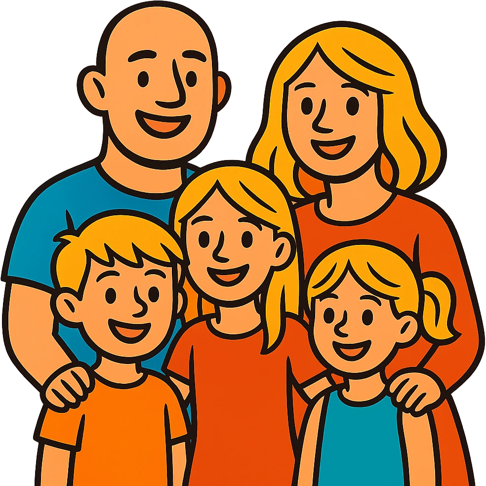 a caucasian family with a bald man, a blonde woman, two blonde girls and one blonde boy, vibrant toon style emoji