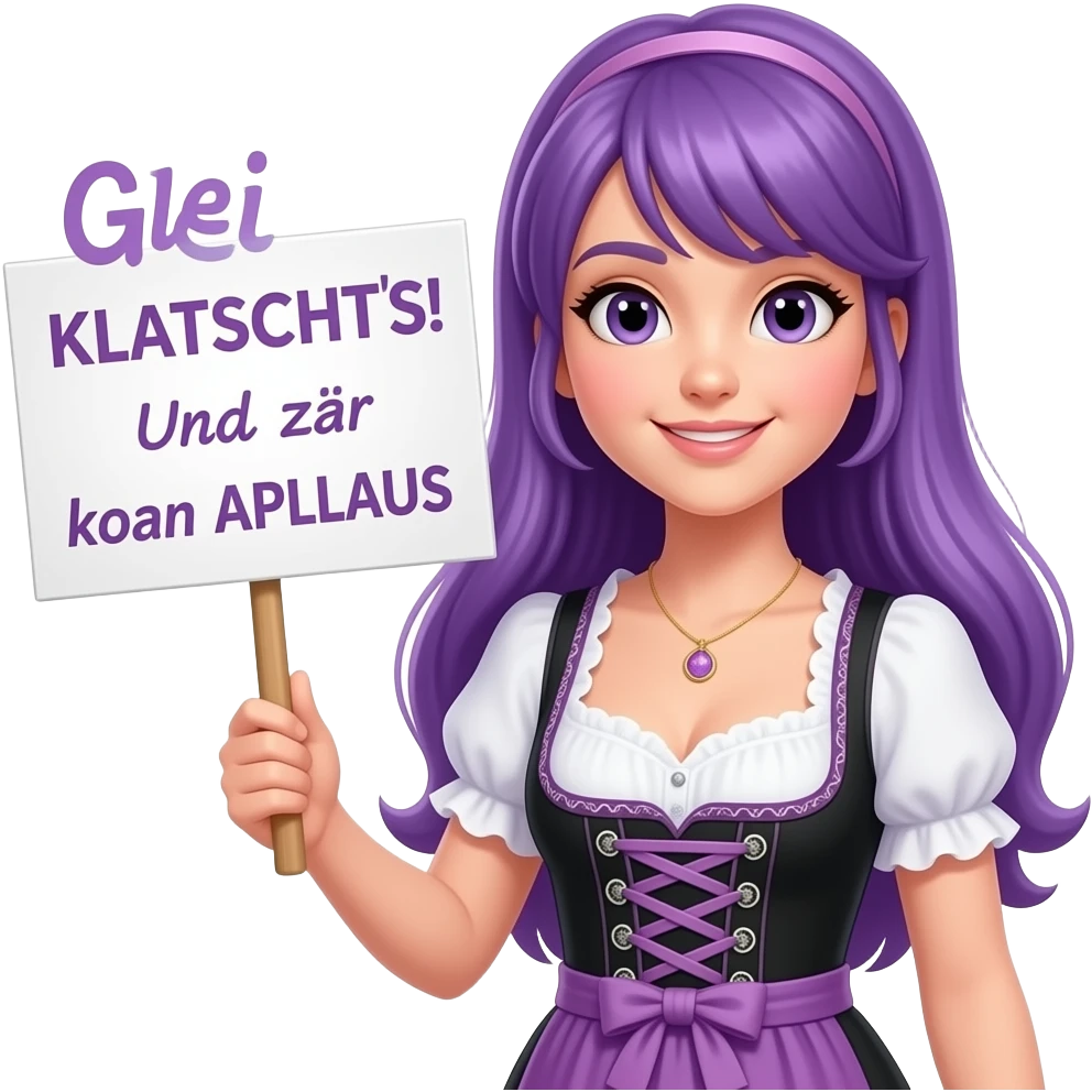 girl with long purple hair wearing a dirndl holding a Glei KLATSCHT'S! Und zwar koan APLLAUS sign emoji