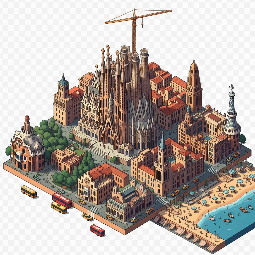 Isometric illustration of Barcelona, featuring Sagrada Familia with intricate spires, highly detailed in semi-realistic style with sharp outlines, balanced between stylized and realistic, 3D miniature effect, transparent background. emoji