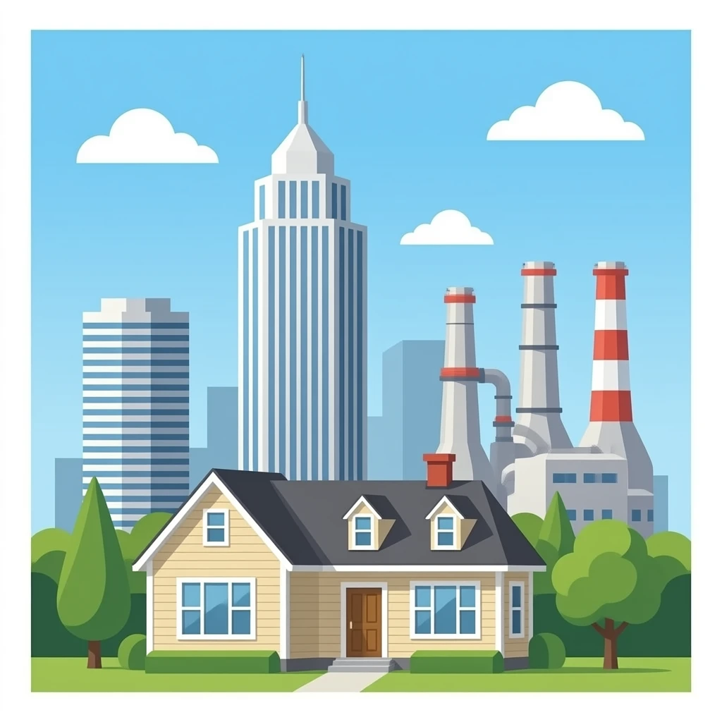 a house and tall office buildings and a factory, with no background, with no sky emoji
