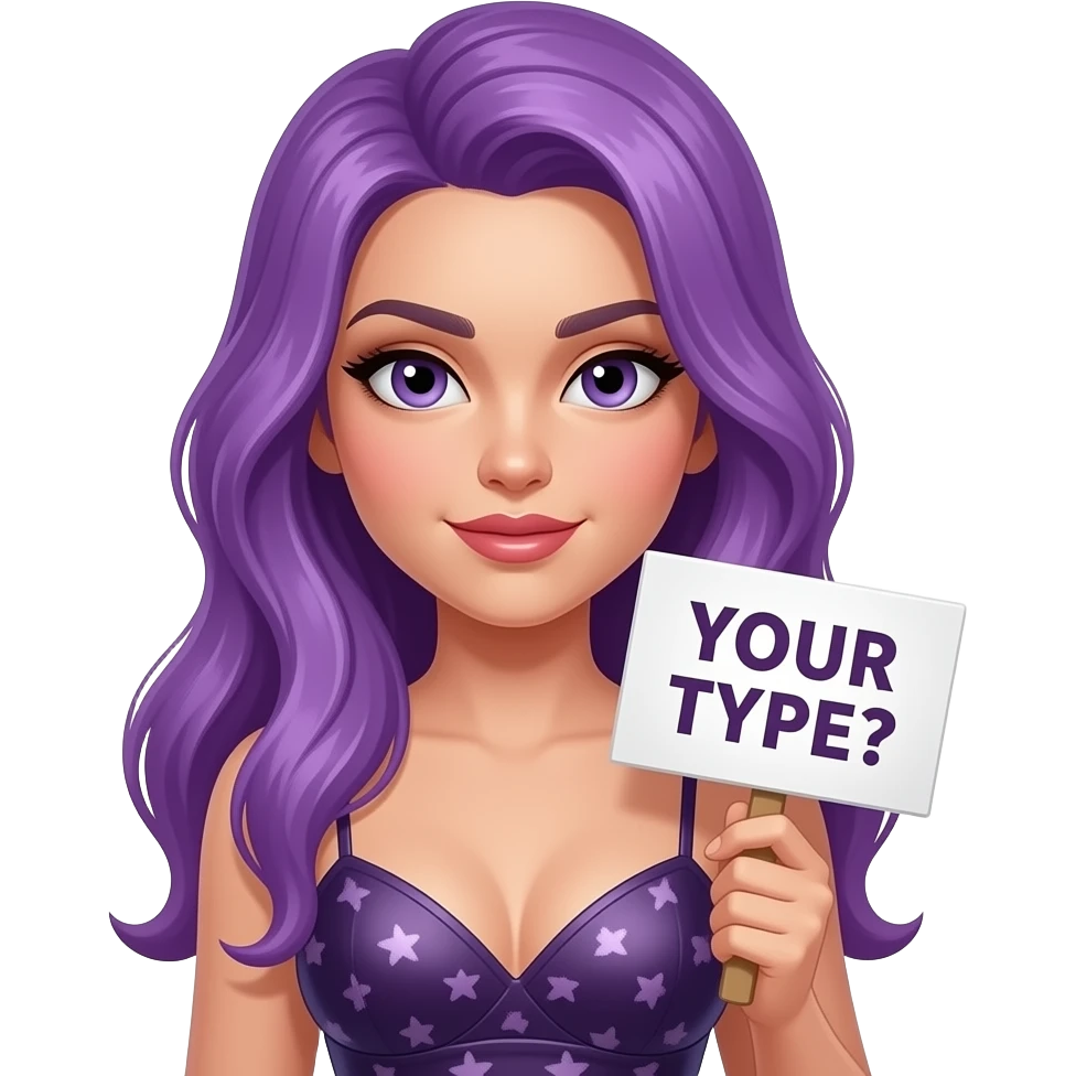 sexy girl with long purple hair wearing sexy dress holding a .... YOUR TYPE? sign emoji