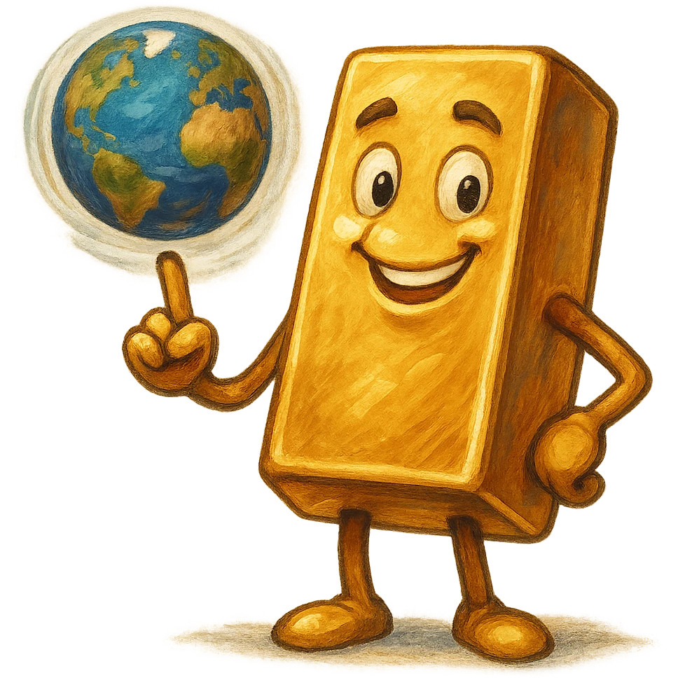 В cлегка рисованной, но при этом объемной и яркой стилистике сгенерируй картинку где фотореалистичный слиток золото с руками и ногами стоит и смотрит на зрителя улыбается, в одной руке он на указательном пальце держит землю с эффектом размытия, как баскетбольный мяч, прозрачный фон emoji