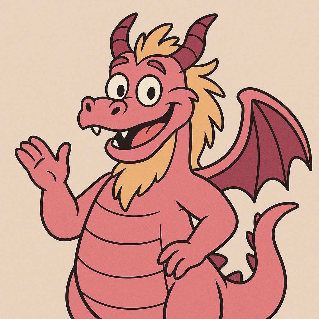 pink friendly dragon with some yellow fur, cartoon style, friendly expression emoji