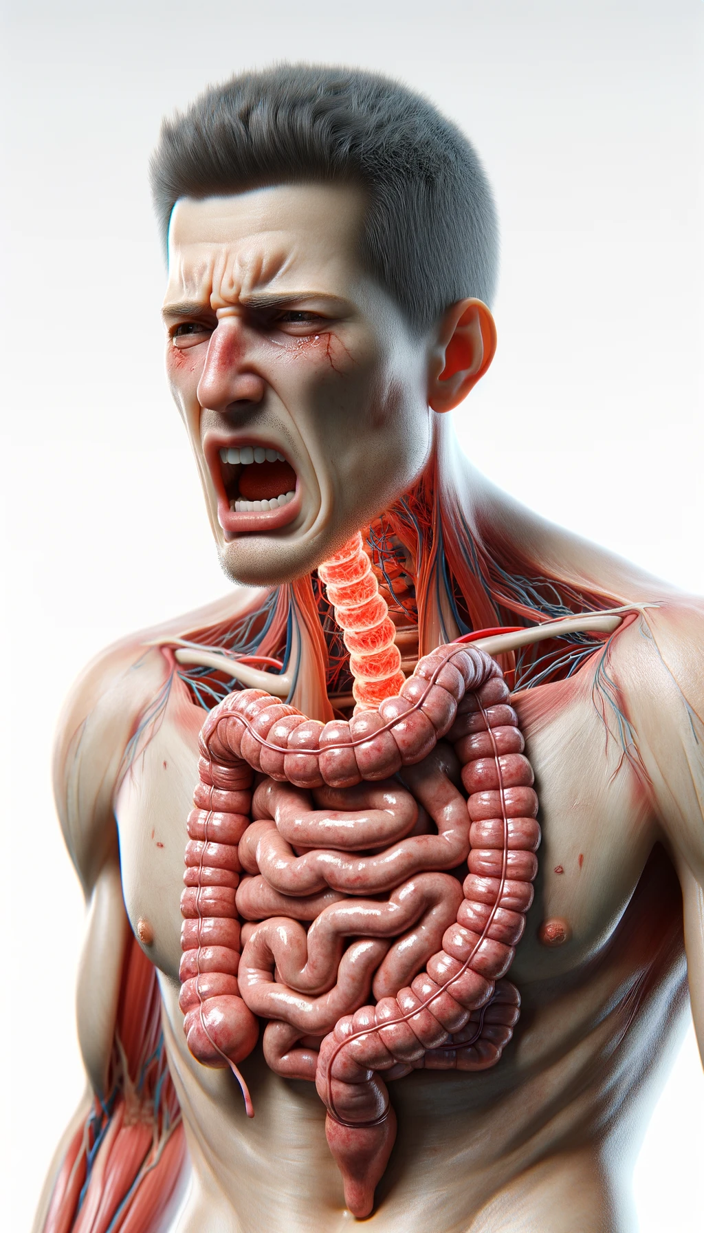 corpo umano anatomico realistico con intestino infiammato, espressione di dolore in volto, iperrealistico 4k, isolato su sfondo bianco emoji