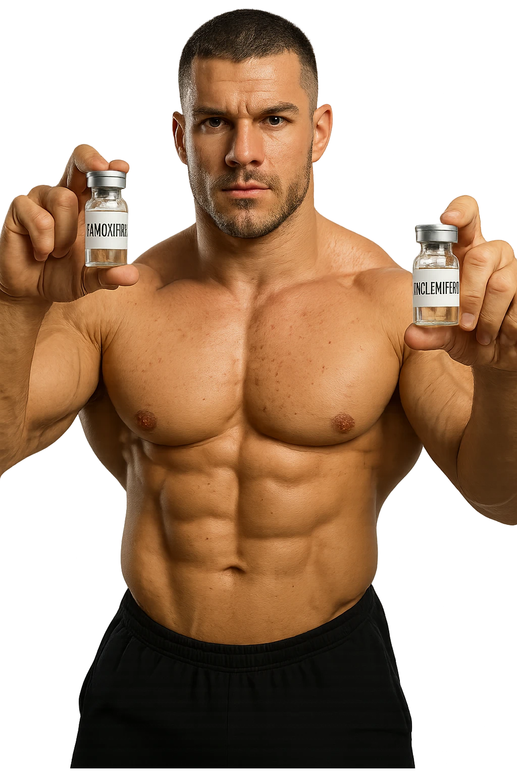 bodybuilder tiene una fiala medica con la scritta "TAMOXIF€NE" NELLA MANO DESTRA E UNA FIALA CON LA SCRITTA €NCL*MIFENE" NELLA MANO SINISTRA emoji