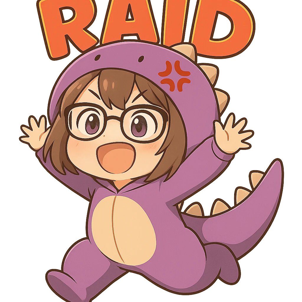Add the text 'RAID' in front of the chibi anime style gamer girl jumping, keeping the same chibi stickers style, with no background. emoji