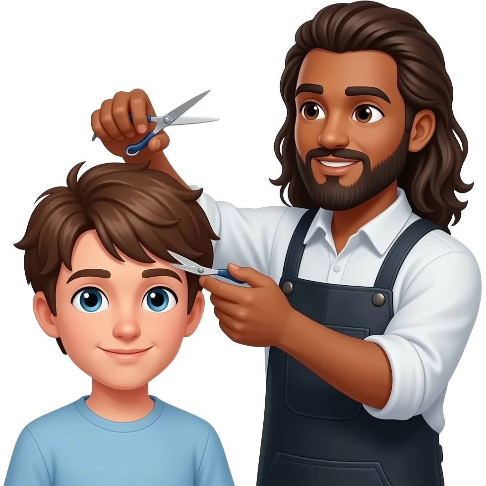 A barber with long hair and a beard, brown skin, cutting the hair of a brown-haired teenager while they talk emoji
