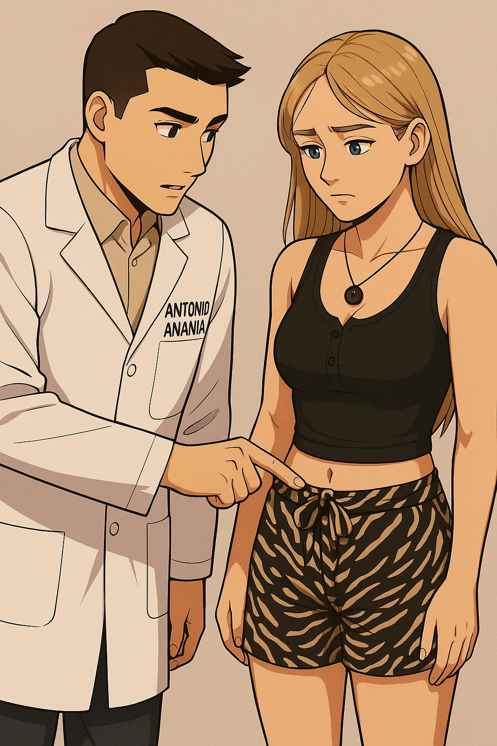 fai un webtoon/manga a colori con questo kinesiologo in camice bianco (fagli la scritta "ANTONIO ANANIA" SUL CAMICE) CHE PARLA CON QUESTA RAGAZZA CON GLI OCCHI AZZURRI. IL KINESIOLOGO CON IL CAMICE BIANCO LE TOCCA LA PANCIA CON UN DITO DOVE C'è L'INTESTINO. NON FARE I FUMETTI, FAI SOLO LORO COME SE DIALOGASSERO emoji