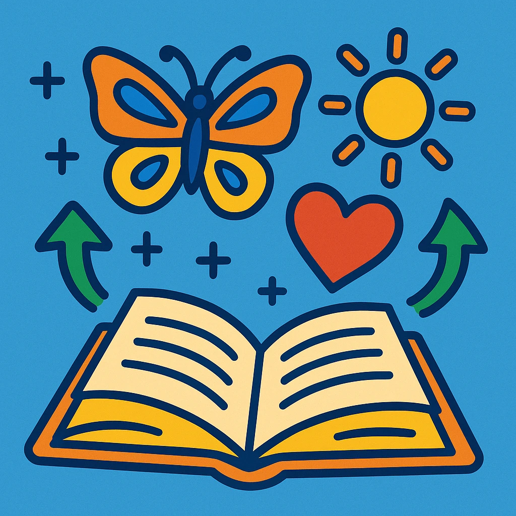 open book with symbols of transformation (butterfly, heart, sun) floating above it, optimistic and motivational style emoji