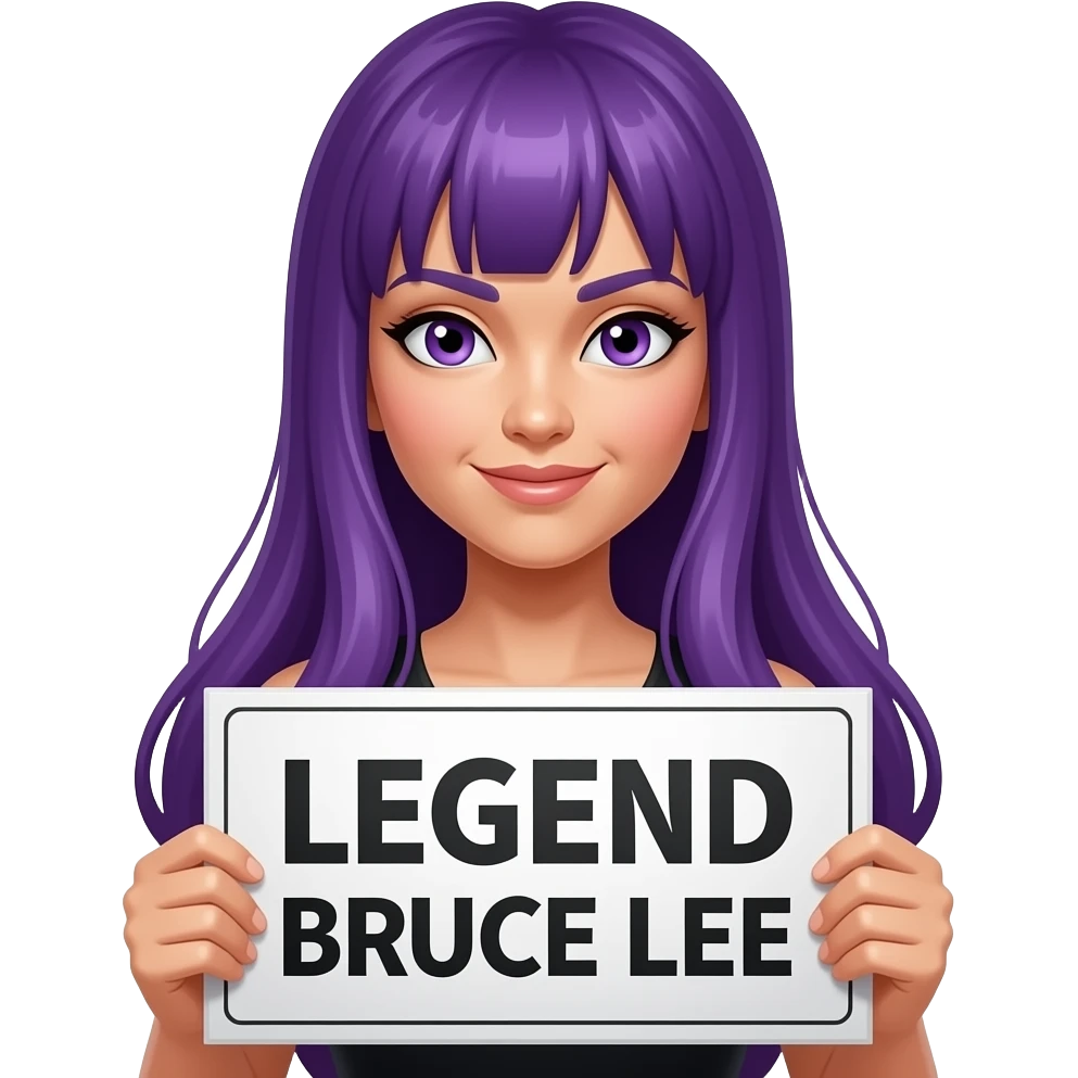 sexy girl with long purple hair and purple eyes holding LEGEND BRUCE LEE sign emoji