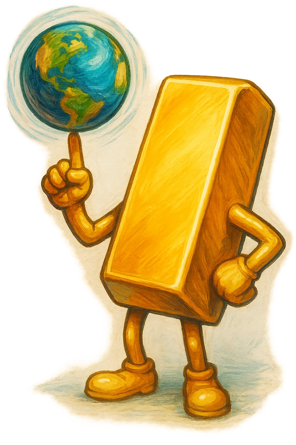 В cлегка рисованной, но при этом объемной и яркой стилистике сгенерируй картинку где фотореалистичный слиток золото с руками и ногами, но при этом без лица, в одной руке он на указательном пальце держит землю с эффектом размытия, как баскетбольный мяч, прозрачный фон emoji