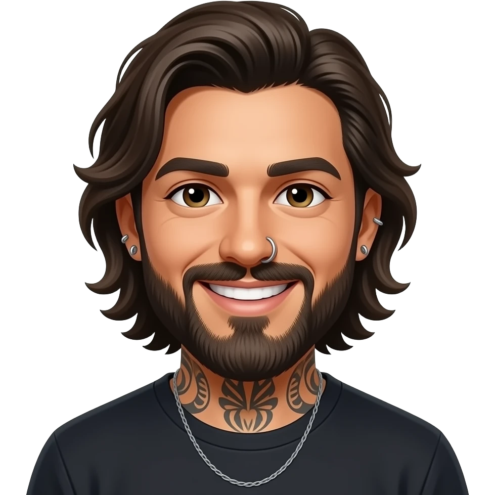 The handsome Latino podcast host with medium length hair, a long beard and tattoos with his ears pierced and a nose ring on the right side, smiling emoji