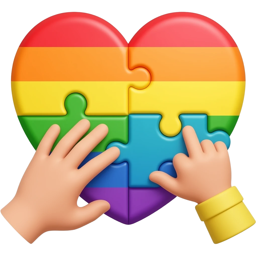 heart rainbow puzzle with one adult hand and one children hand making the puzzle emoji