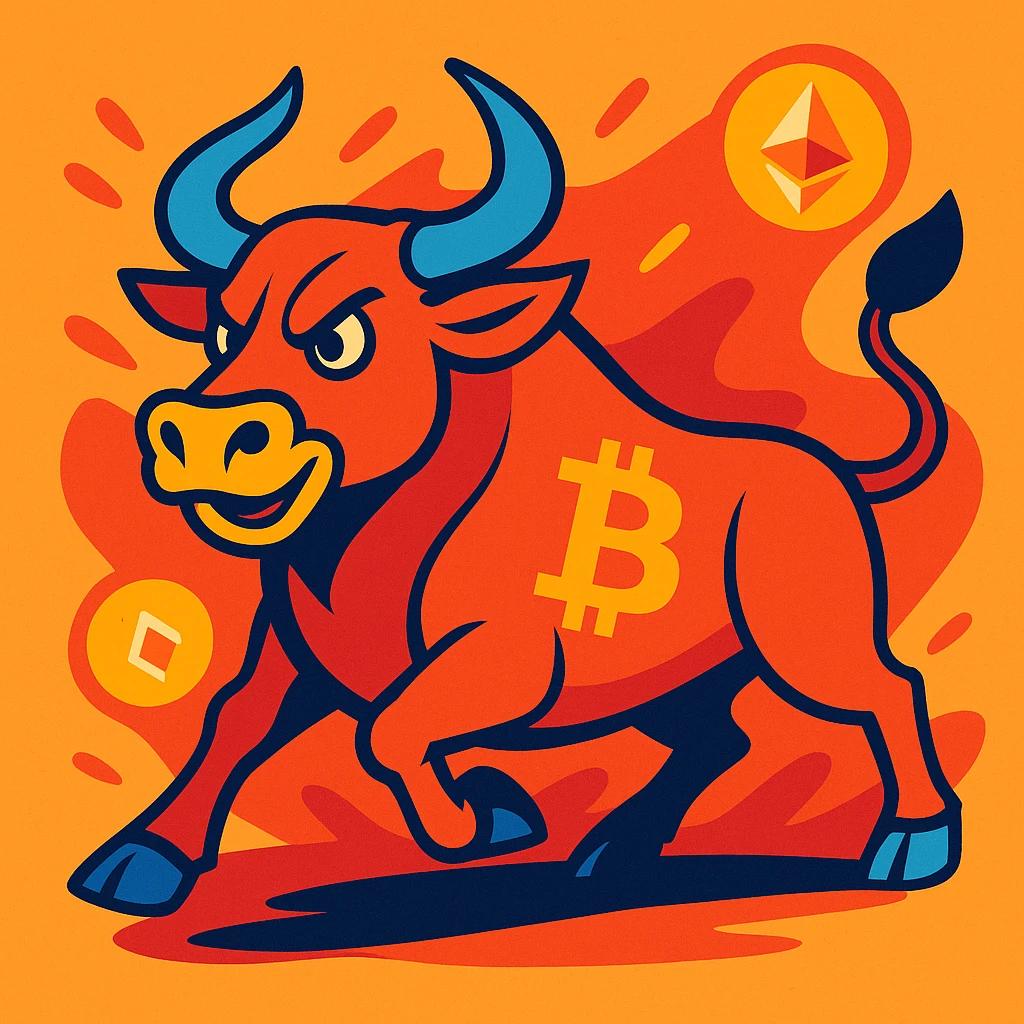 energetic bull with bitcoin and ethereum logos emoji