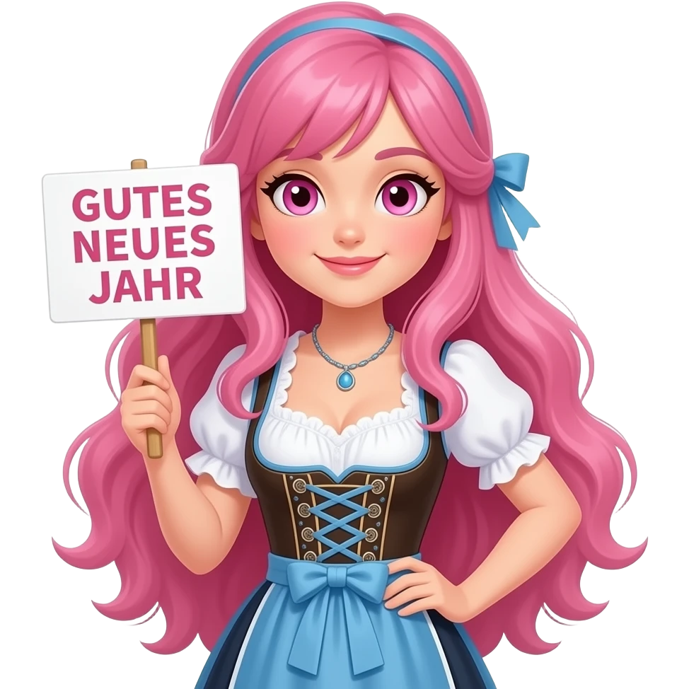 sexy girl with long pink hair and pink eyes wearing a dirndl holding a GUTES NEUES JAHR sign emoji
