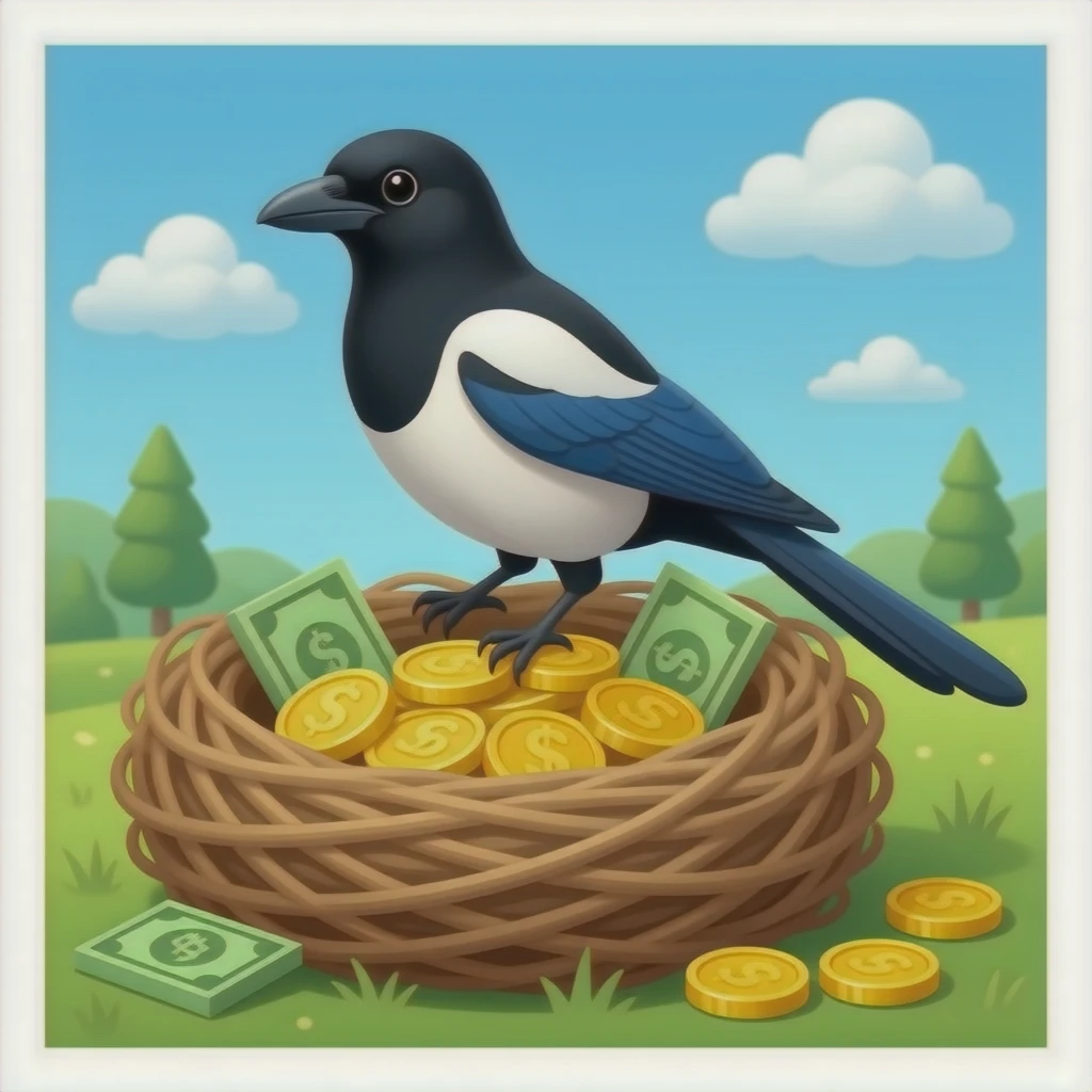 magpie nest with money and shiny coins emoji