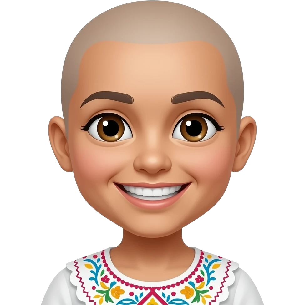 Mexican girl brown eyes whos bald snd and had a wide smile showing both sides of her teeth every single tooth emoji