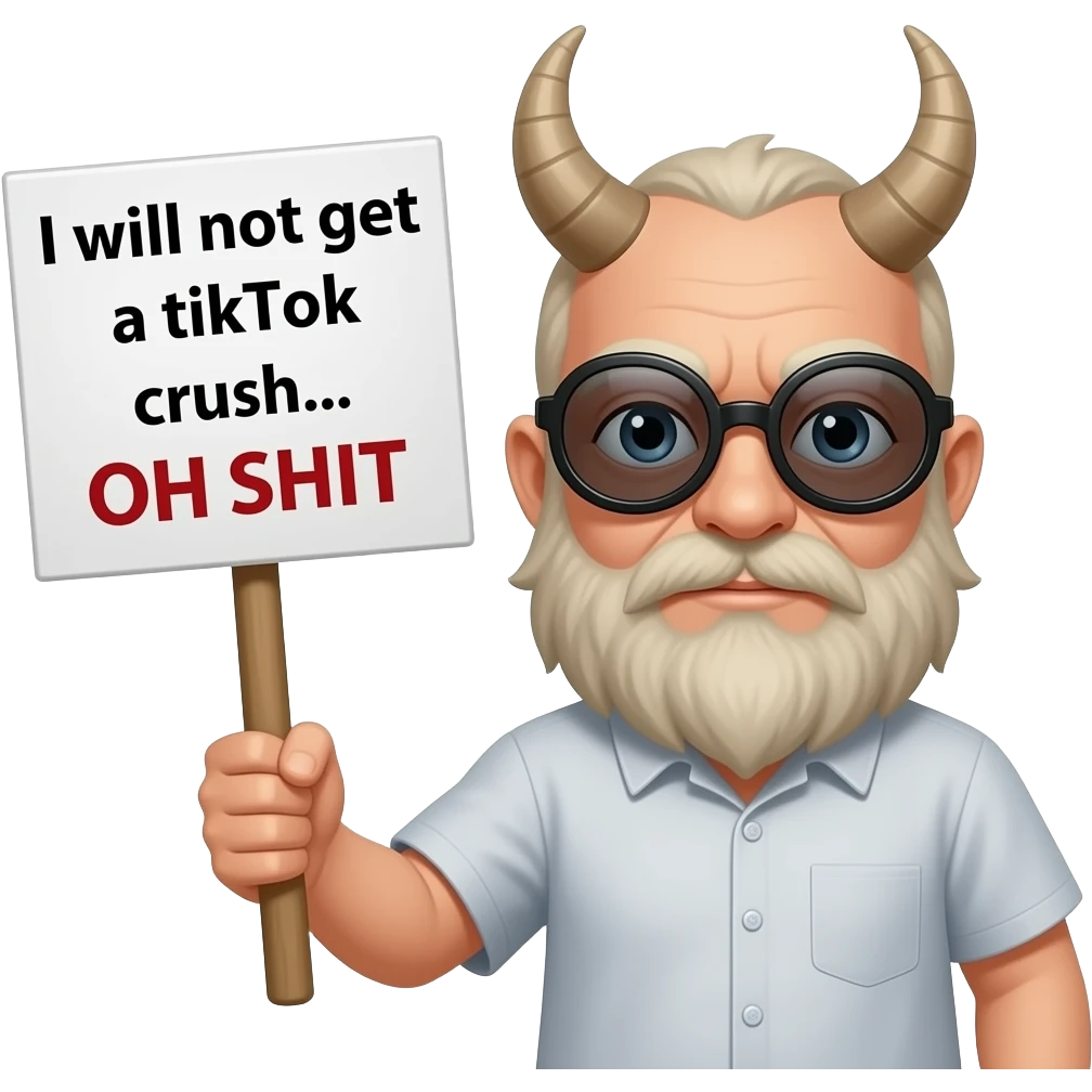 Cyclop (mythical creature that only has one eye) holding a sign that says the following "I will not get a tiktok crush... OH SHIT" emoji