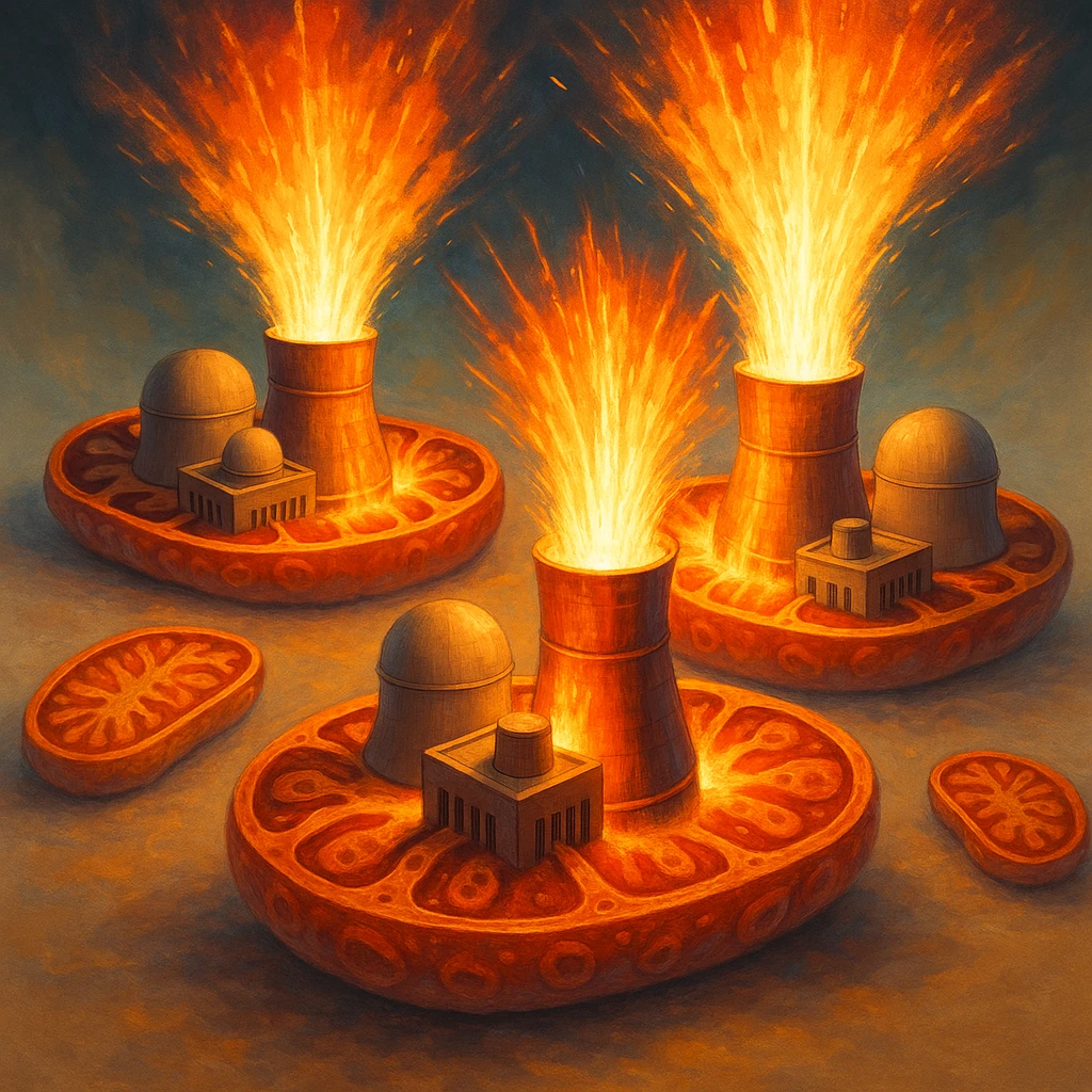 mitochondria depicted as nuclear power plants with domes and reactors, spectacular energy release, vivid colors, updated DALL·E 3 style, no extraneous elements, neutral background emoji