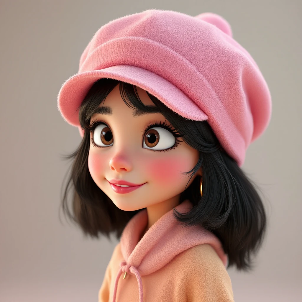 3D Disney style character of a girl with a pink hat, black hair, and a side glance, referencing the provided image emoji