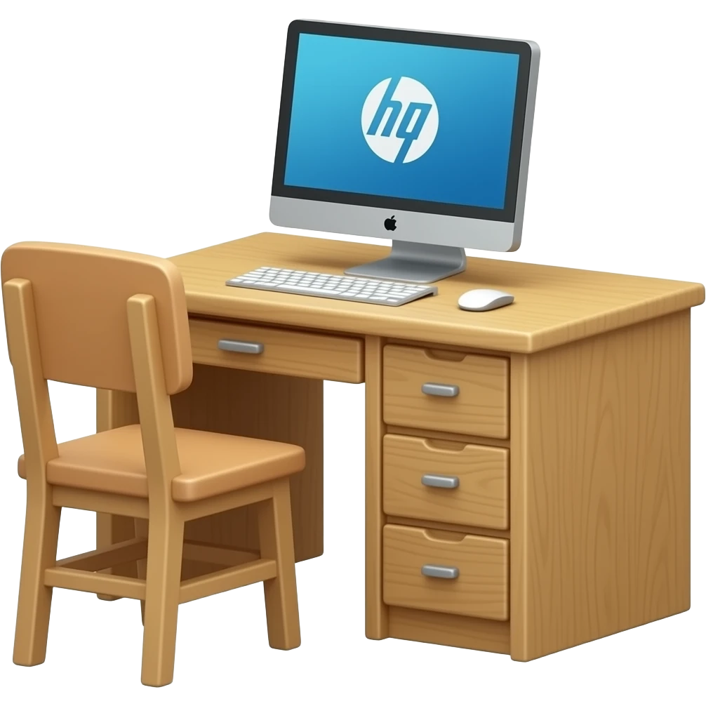 Small wooden desk with chair and hp computer emoji