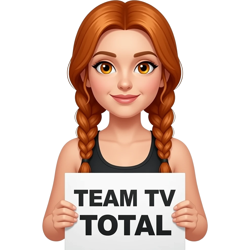 sexy girl with long ginger braids and ginger eyes wearing a black tanktop is holding a white sign with TEAM TV TOTAL written on it emoji