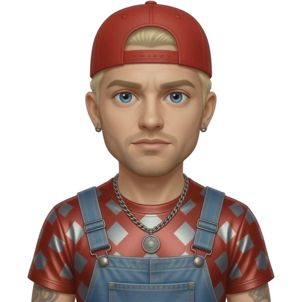 Fred Durst with blue eyes, blonde buzz cut hair, red cap, red metallic metal t-shirt, blue metallic metal baggy pants, necklace and earrings emoji