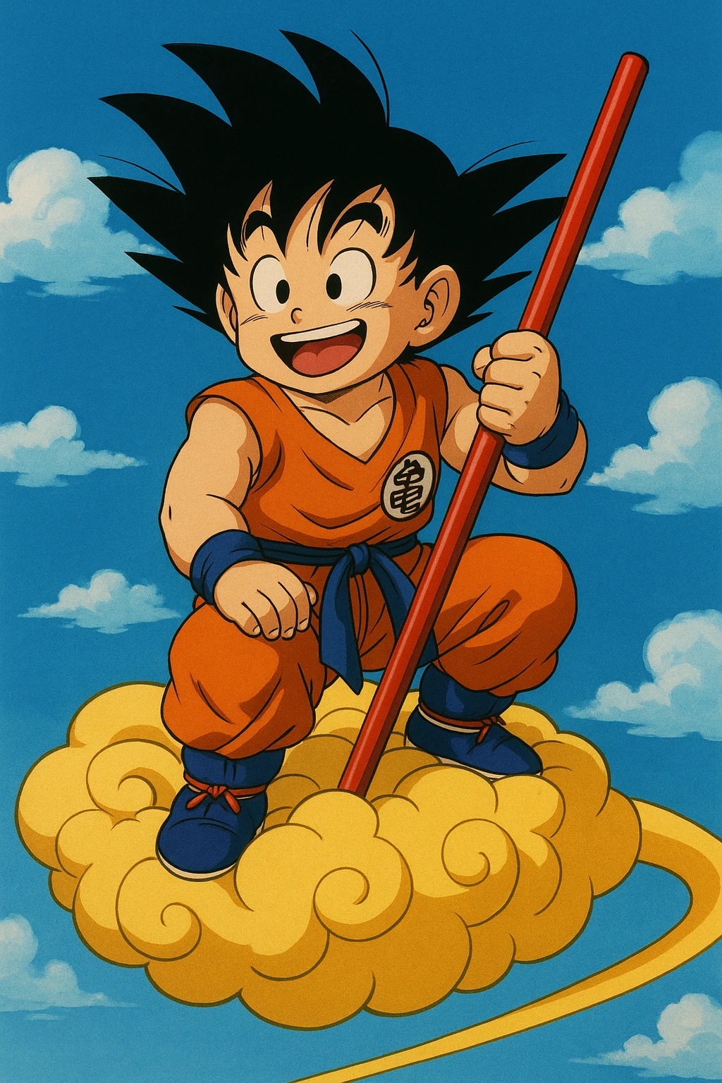 Son Goku, flying on Nimbus cloud, holding Power Pole, smiling, classic anime look emoji