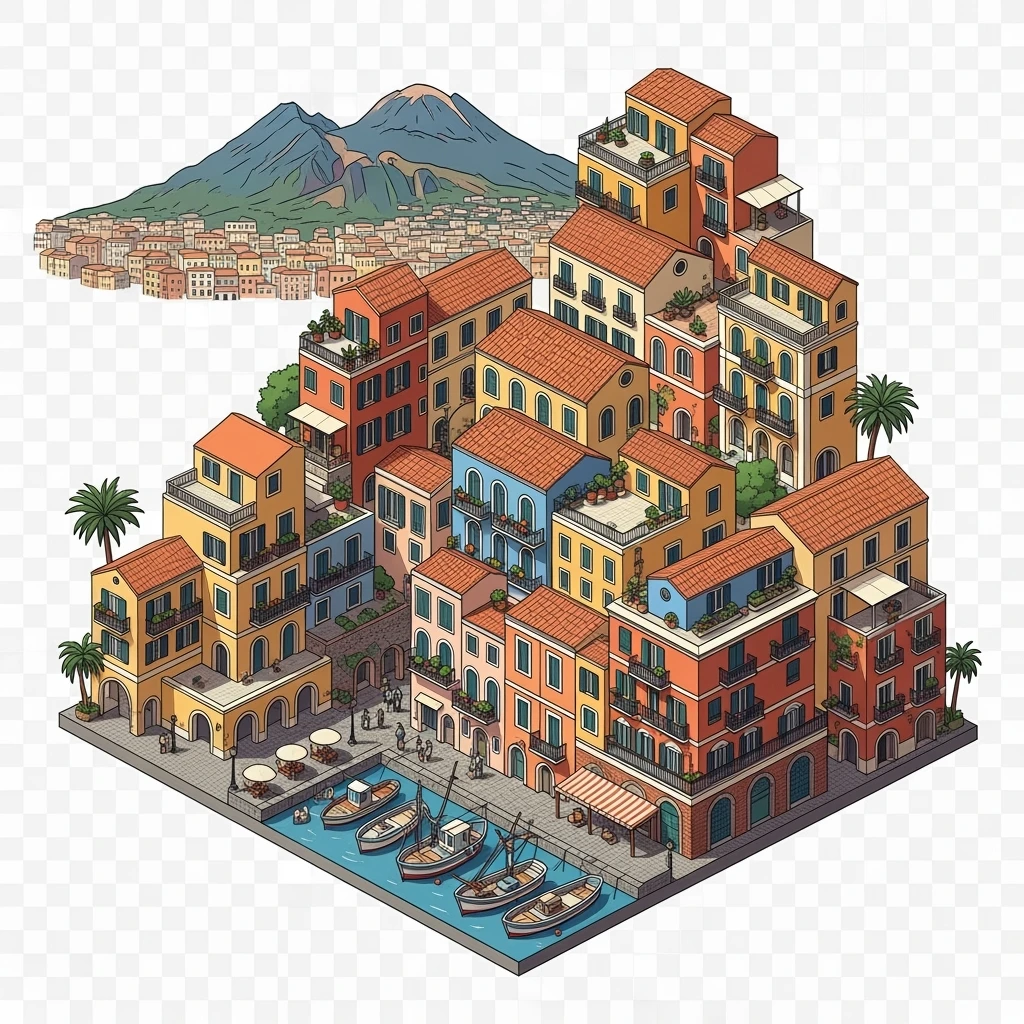 Isometric illustration of Naples, featuring colorful stacked coastal houses and Mount Vesuvius in the background, highly detailed in semi-realistic style with sharp outlines, balanced between stylized and realistic, 3D miniature effect, transparent background. emoji