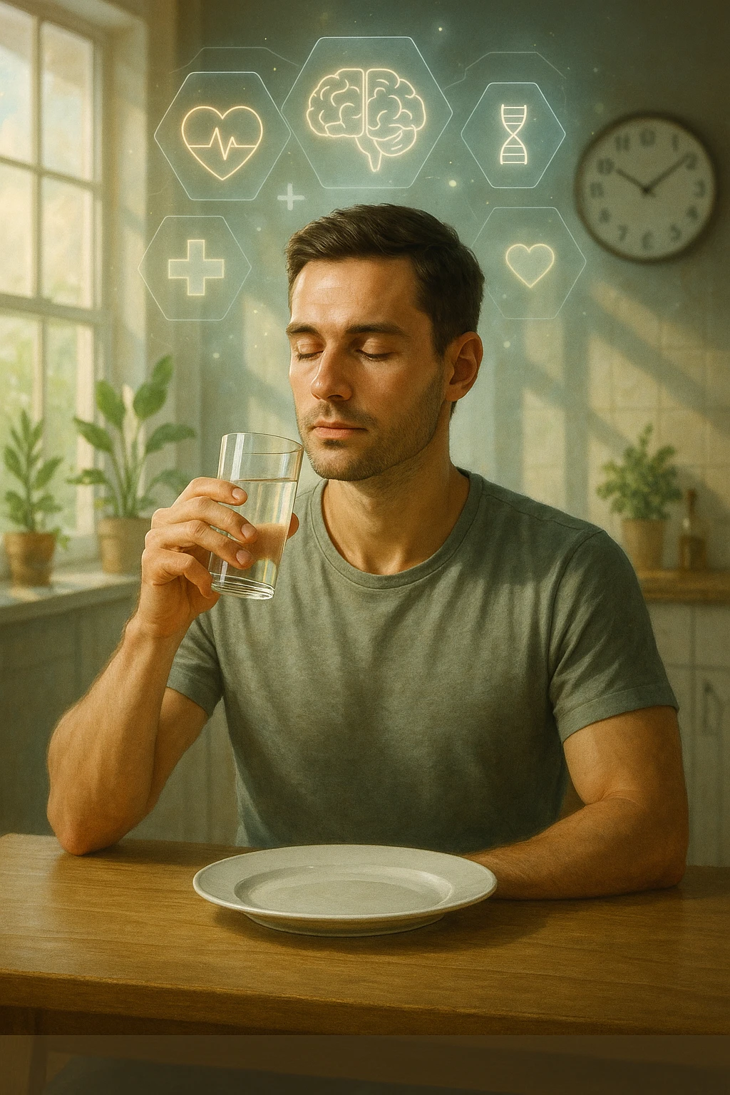 A realistic, cinematic illustration of a healthy, calm man in his early 30s sitting in a bright kitchen in the morning, with an empty plate in front of him and a glass of water in his hand, looking serene and focused. Behind him, the background shows subtle symbols of health: green plants, sunlight streaming in, and a blurred wall clock showing 10:00, symbolizing the fasting window. Above the man, a translucent overlay of medical icons (heart, brain, DNA strand) glows softly, illustrating that intermittent fasting acts as a powerful medicine, not merely a diet. The color palette is fresh and natural, emphasizing health, clarity, and focus. The style is realistic with slight cinematic tones, conveying that the man is using intermittent fasting as a tool for cellular regeneration, inflammation reduction, and health optimization rather than weight loss emoji