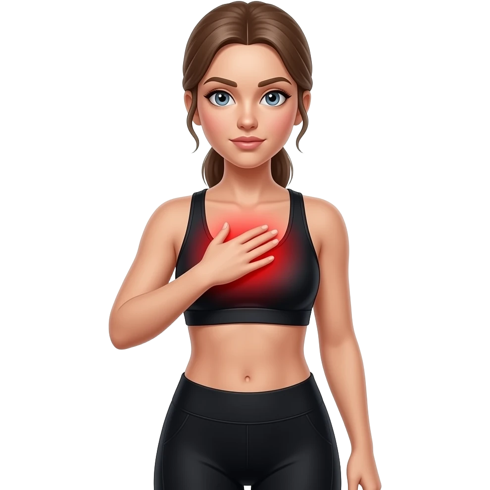chest tension, full red glow covering the entire chest area, woman touching upper chest, fair-skinned woman, gray-blue eyes, ash brown brows, ash light brown hair tied back, slim athletic body, black workout set emoji