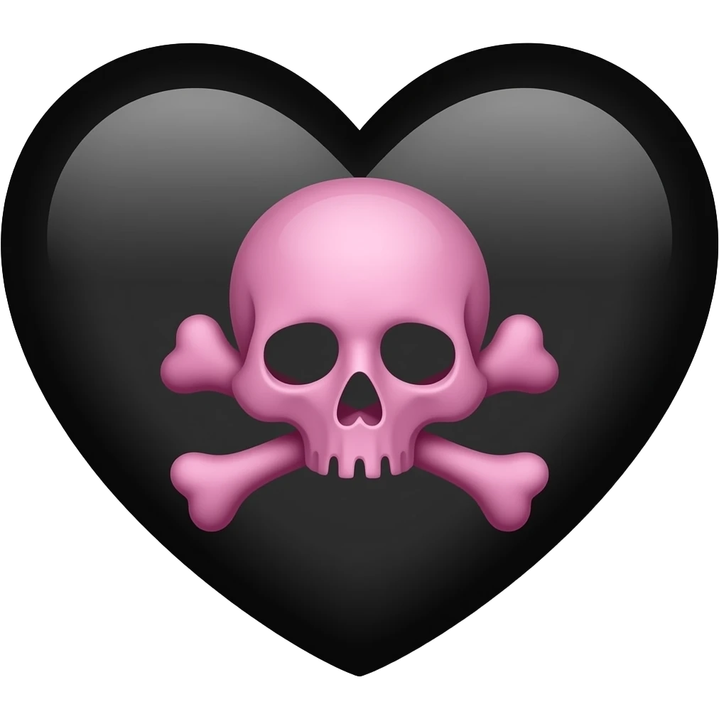 Dark pink skull and crossbones on black heart emoji