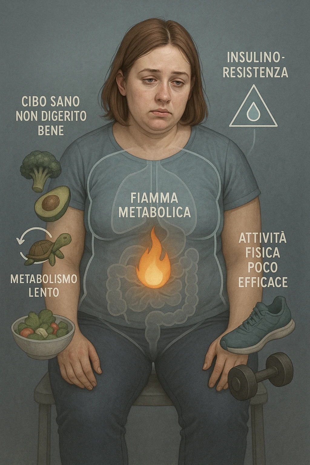 Donna tra i 25 e i 35 anni con fisico leggermente gonfio e postura affaticata, seduta con sguardo stanco. In trasparenza sul suo corpo, si vedono elementi simbolici: una fiamma metabolica molto piccola nel centro dell’addome, una tartaruga accanto a un simbolo di orologio rallentato, indicatori visivi di insulino-resistenza e squilibri ormonali. Intorno a lei: cibo sano non digerito bene, attività fisica poco efficace. Colori spenti attorno al corpo, con toni freddi e lentezza visiva. Stile realistico con elementi infografici e simbolici integrati IN ITALIANO emoji