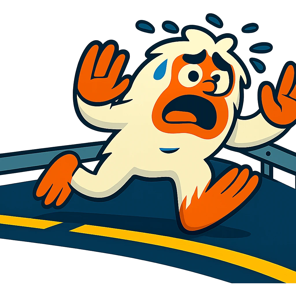 Remove the background, leaving only the small, scared abominable snowman in front of the black semi truck with road stripes and a guardrail, both on the same side of the road. Make the background transparent. emoji