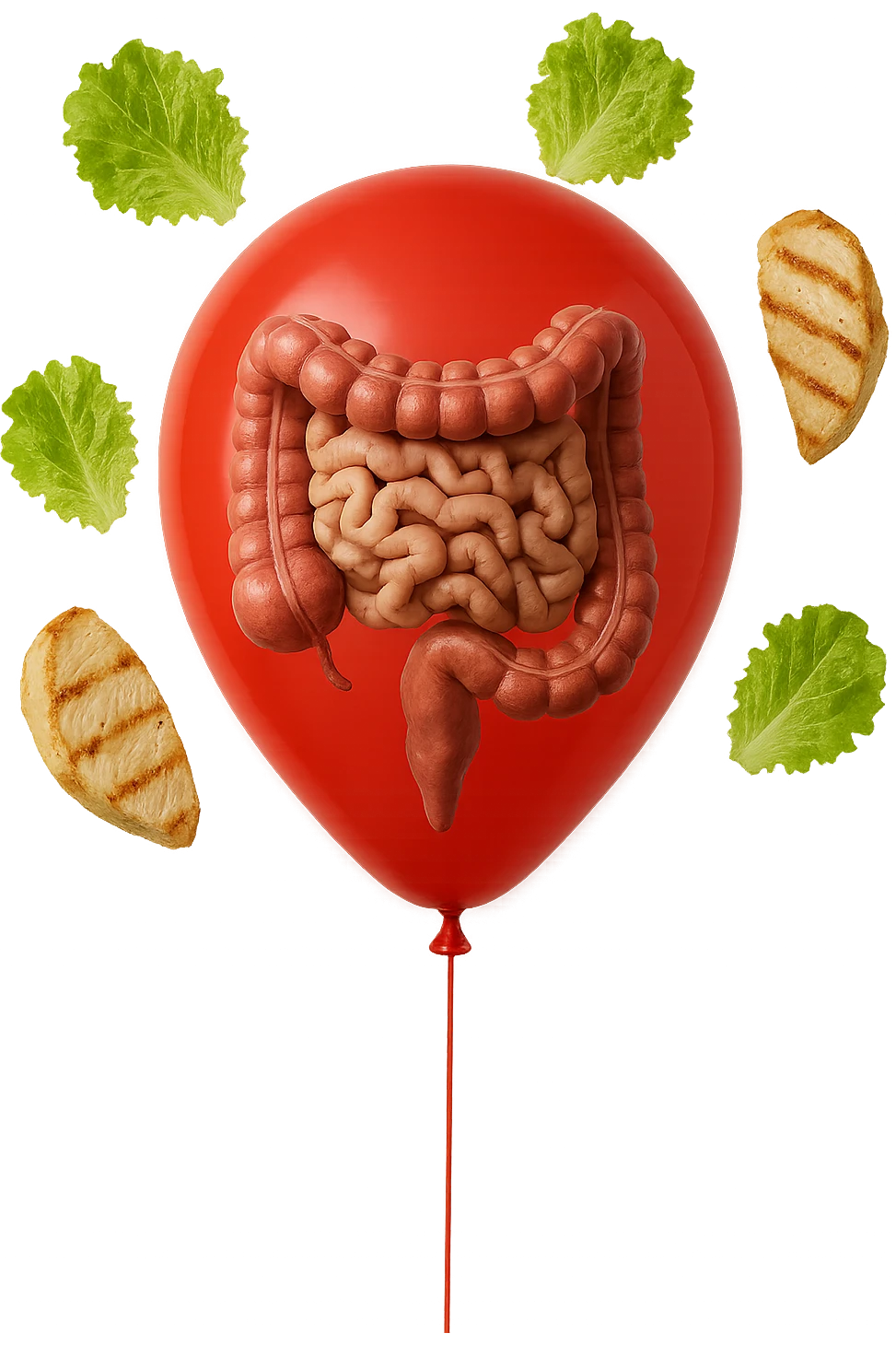 intestino anatomico realistico chiuso in un palloncino rosso e foglie di insalata e petto di pollo grigliato che fluttuano intorno emoji