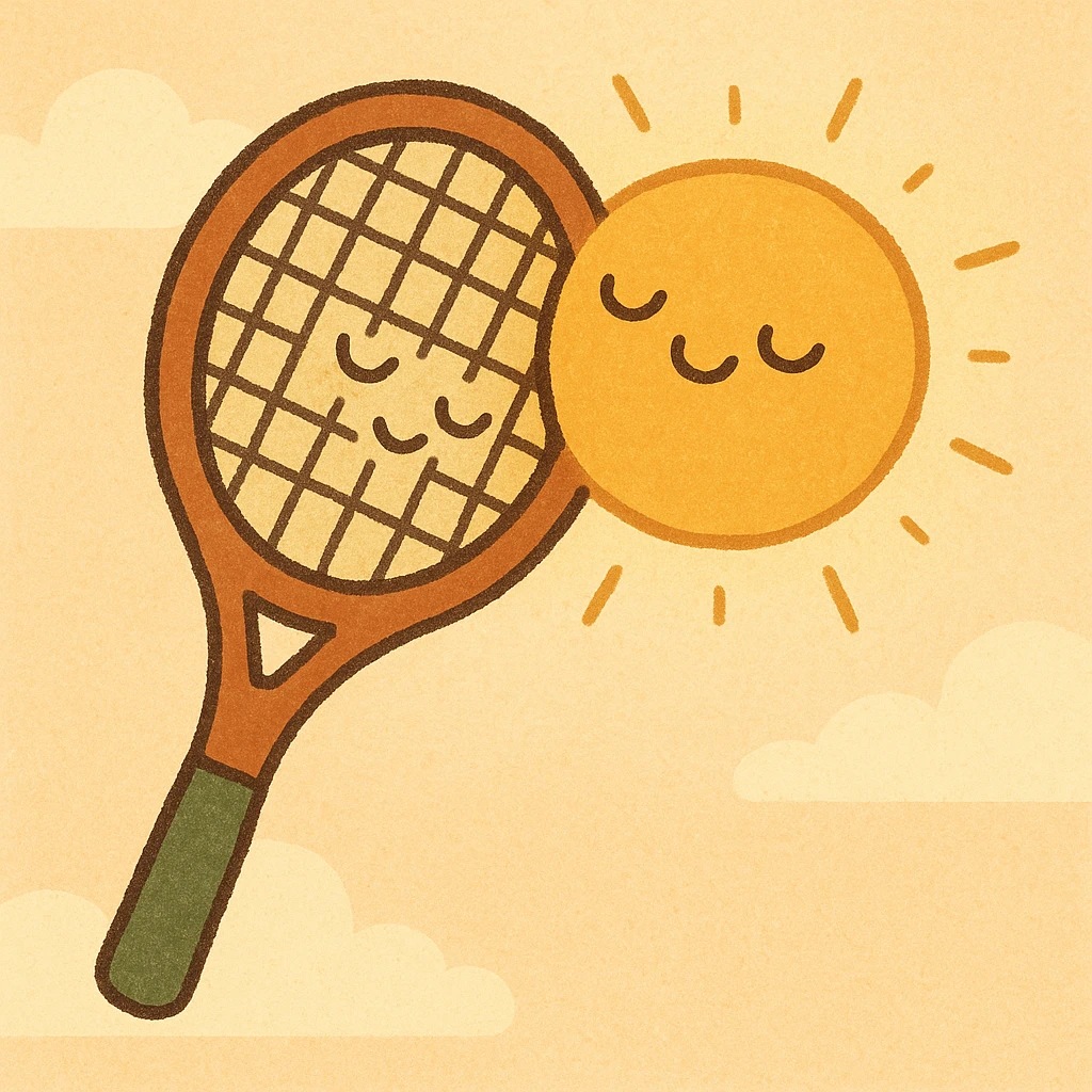 a tennis racket smashing into a bright sun, cartoon style, vibrant warm colors emoji