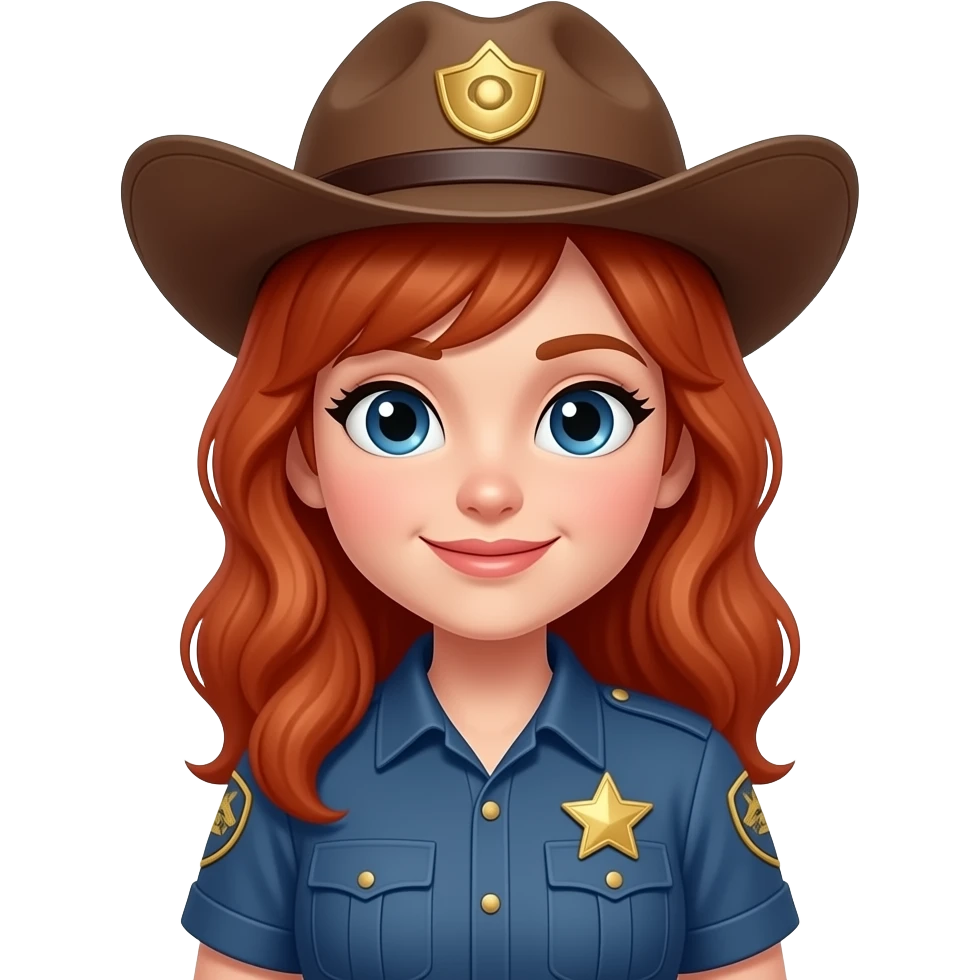 red haired cute female in sheriff  uniform no cap, closeup , front facing emoji