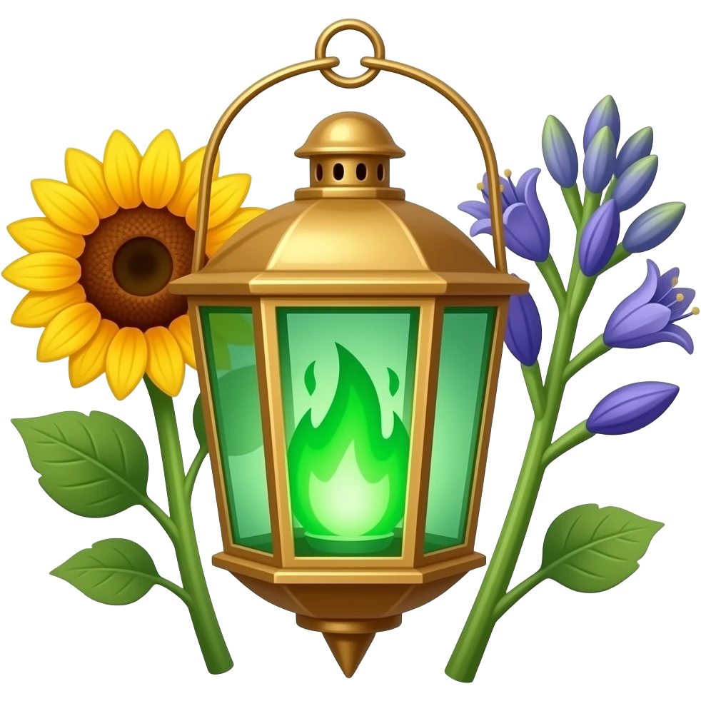 A golden hanging lantern with a bright emerald flames, no loop or handle on top, blooming sunflower (l) & asphodel (r) wrapping it, focus more on the green fire, paint the glass more green, have its bottom point come to some sort of point emoji