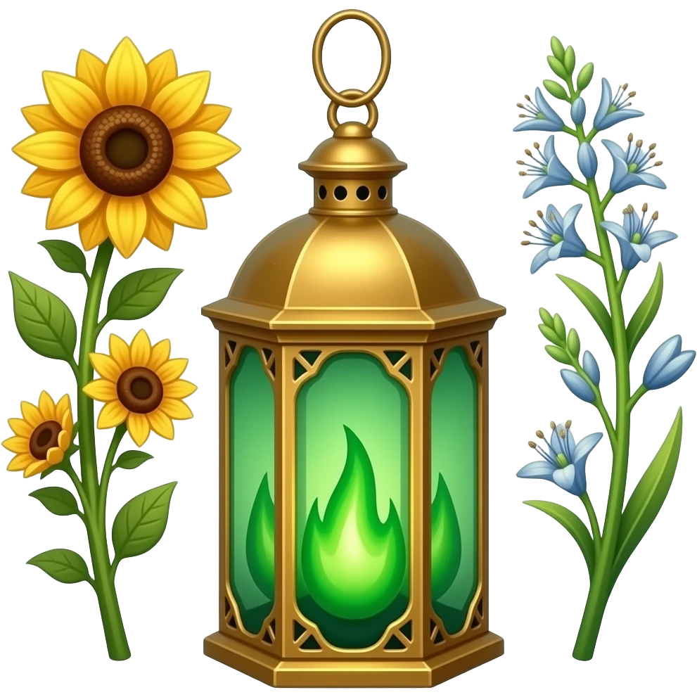 A golden hanging lantern with a bright emerald green flames, an empty loop on top, fae filigree themed sunflowers on the left and asphodels on the right as part of the design, but simple focus more on the green flames, paint the glass more green emoji