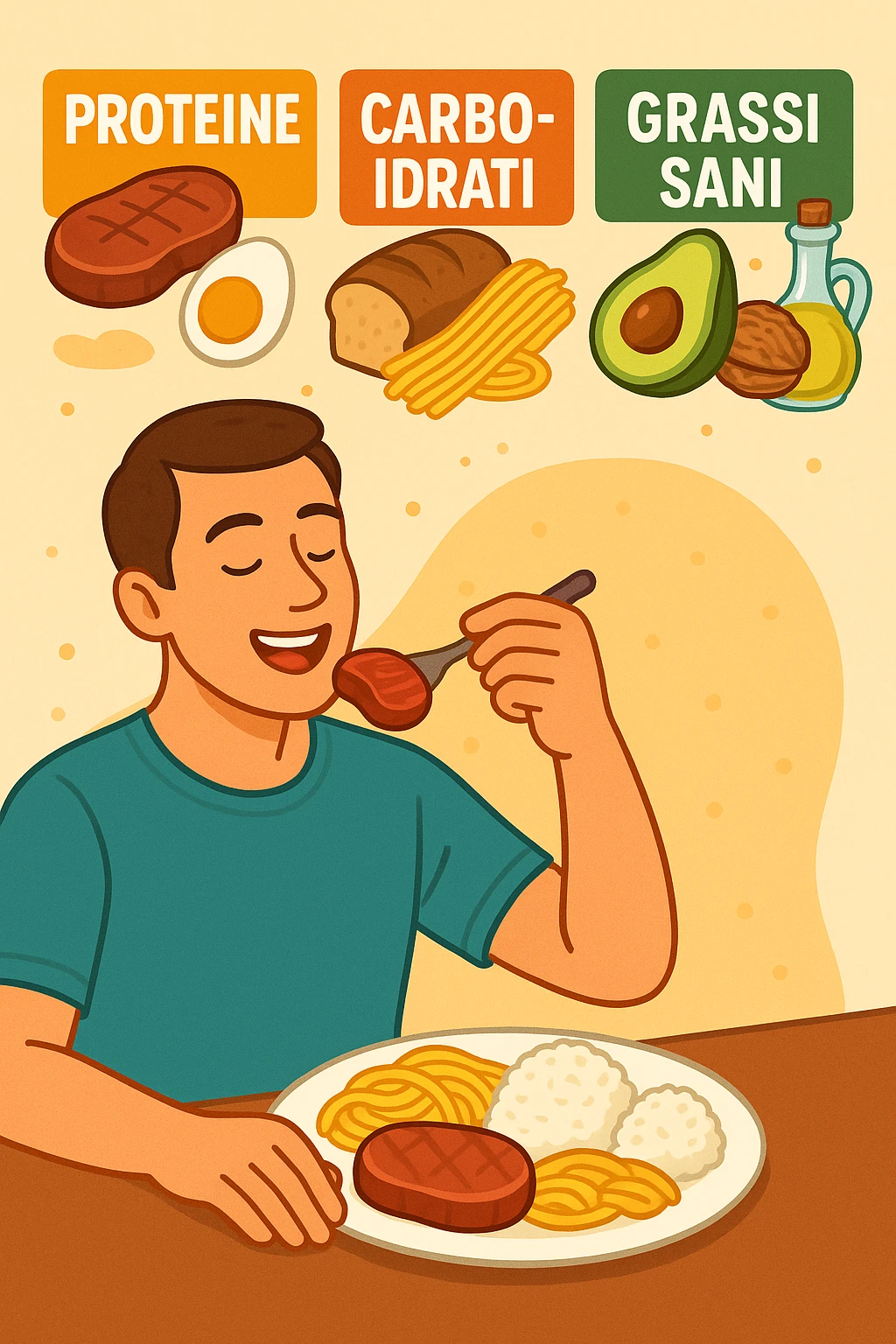 uomo che fa alimentazione attraverso i giusti macronutrienti. Scritte in ITALIANO emoji
