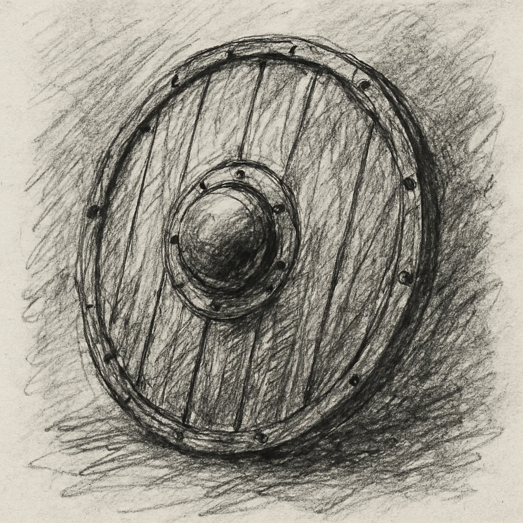 wooden round shield with metal boss, hand-drawn sketch style emoji