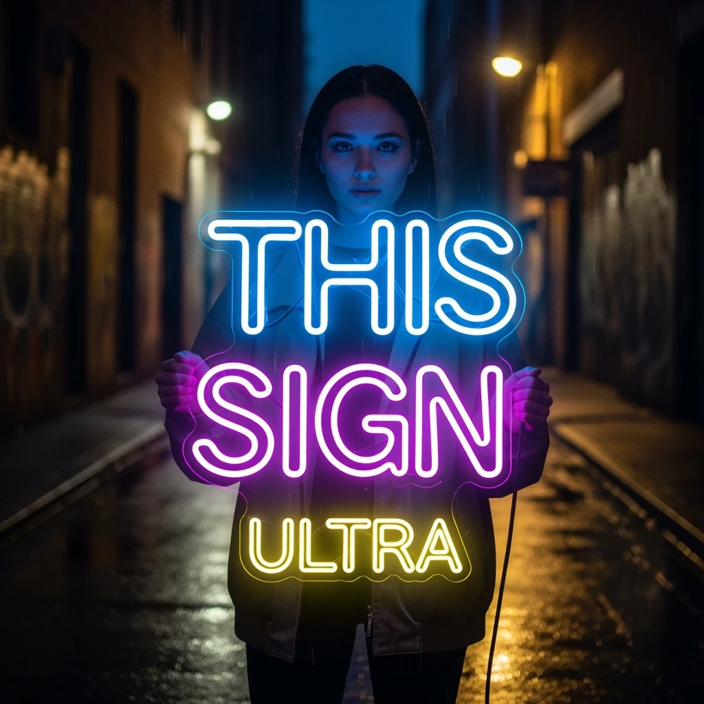 make a girl holding this sign, but sign in made of neon, also add ultra below the sign emoji