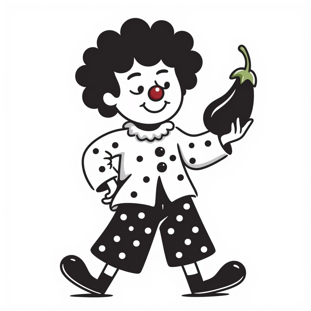 clown holding an eggplant, hand drawn doodle emoji