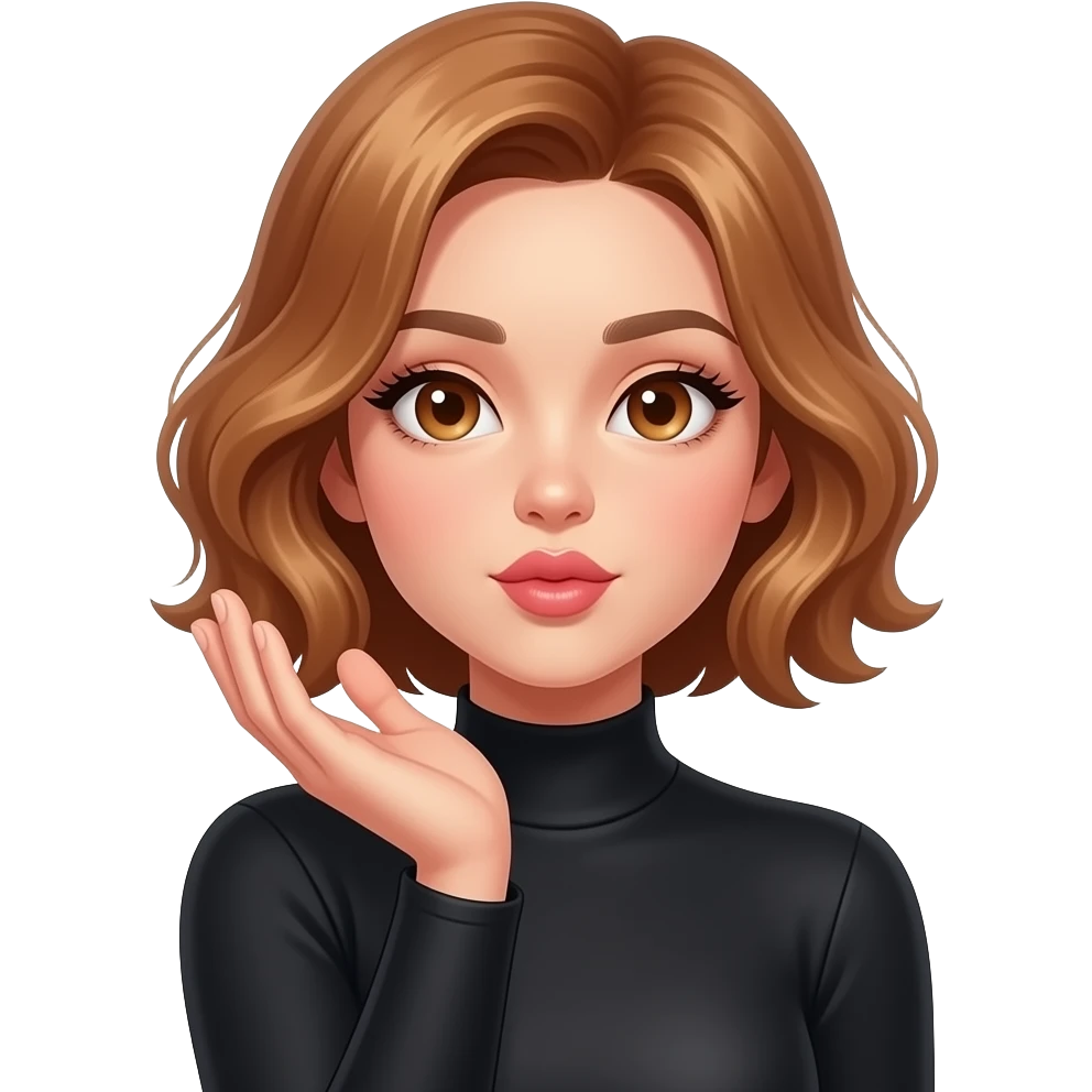 glamours,-tanned,-very-beautiful-girl,-with-big-pump-peach-beige-rose-lips,-long-long-lashes,-honey-silky-very short- hair,-wavy-hair,-hazel-eyes-in-black-long-sleeves-bodysuit- blowing a kiss with her hand emoji