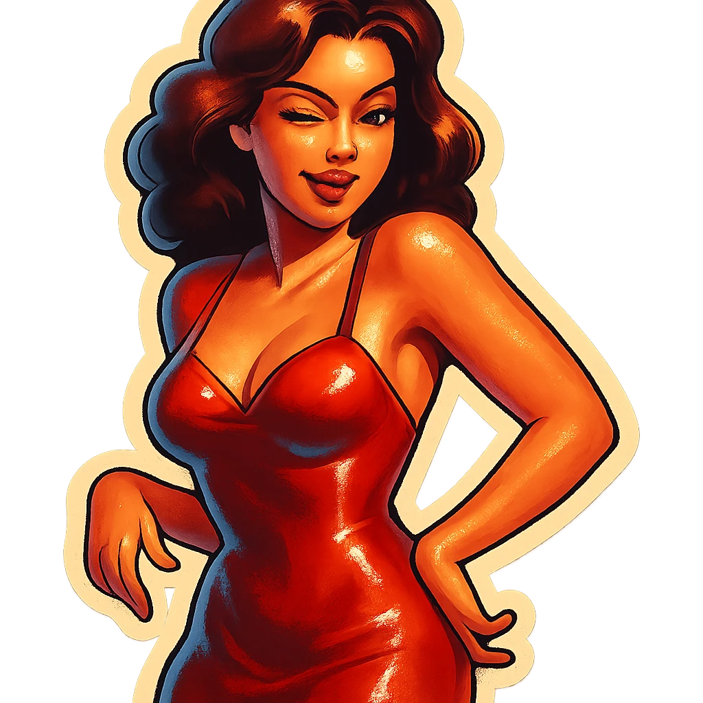 A seductive woman in a red dress, winking and biting her lip, in a stylized sticker format emoji