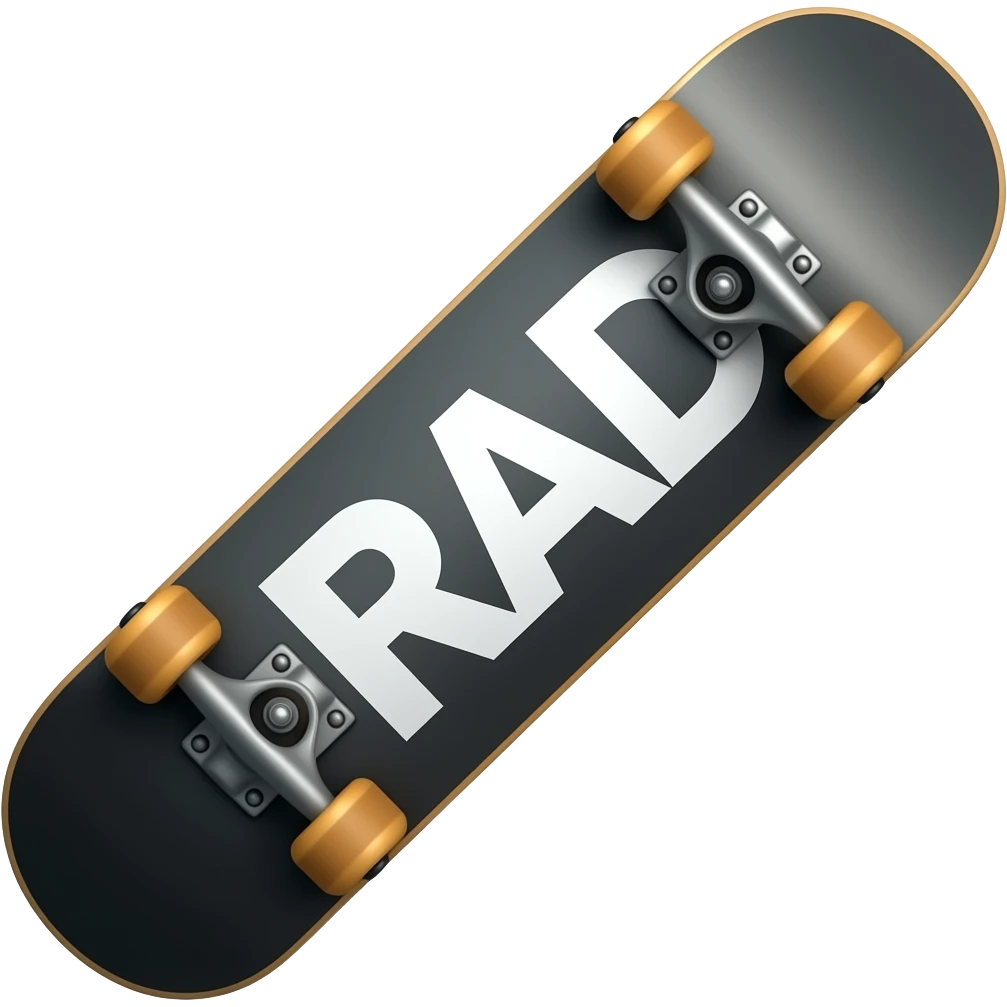 skateboard with stylised RAD in capitals letters on the back with it emoji