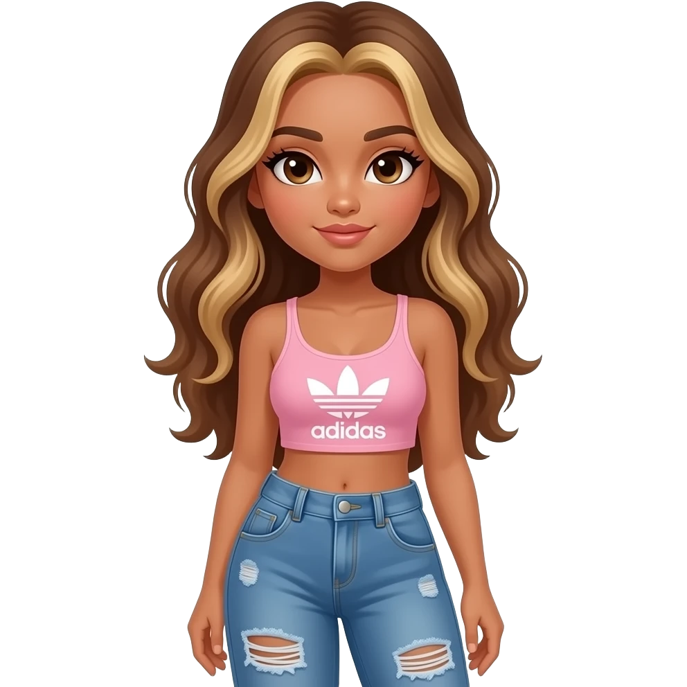 preppy teenage girl, tan, blonde highlights, brown long hair, long eyelashes, beach aesthetic, wearing cute clothes, sexy, wearing ripped blue long baggy jeans with a light pink revealing crop top, wearing Somba Adidas emoji