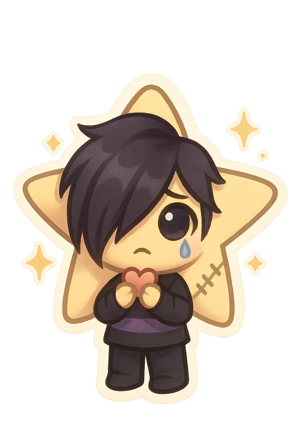 emo star, chibi style, black and purple, stitched, teardrop, dramatic shadows, big eyes, pastel palette, holding a tiny heart, surrounded by sparkles emoji