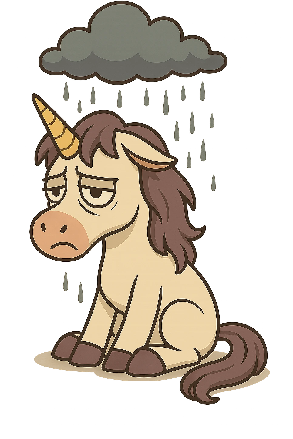 Remove the background, keep the melancholic unicorn sitting alone with a raincloud overhead, soft shading, transparent background. emoji